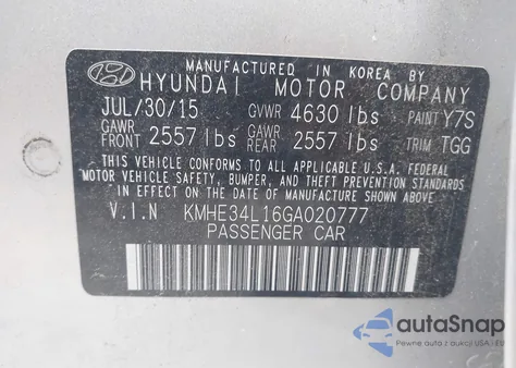 2016 Hyundai Sonata Hybrid/Limited z USA, uszkodzony, nr VIN KMHE34L16GA020777